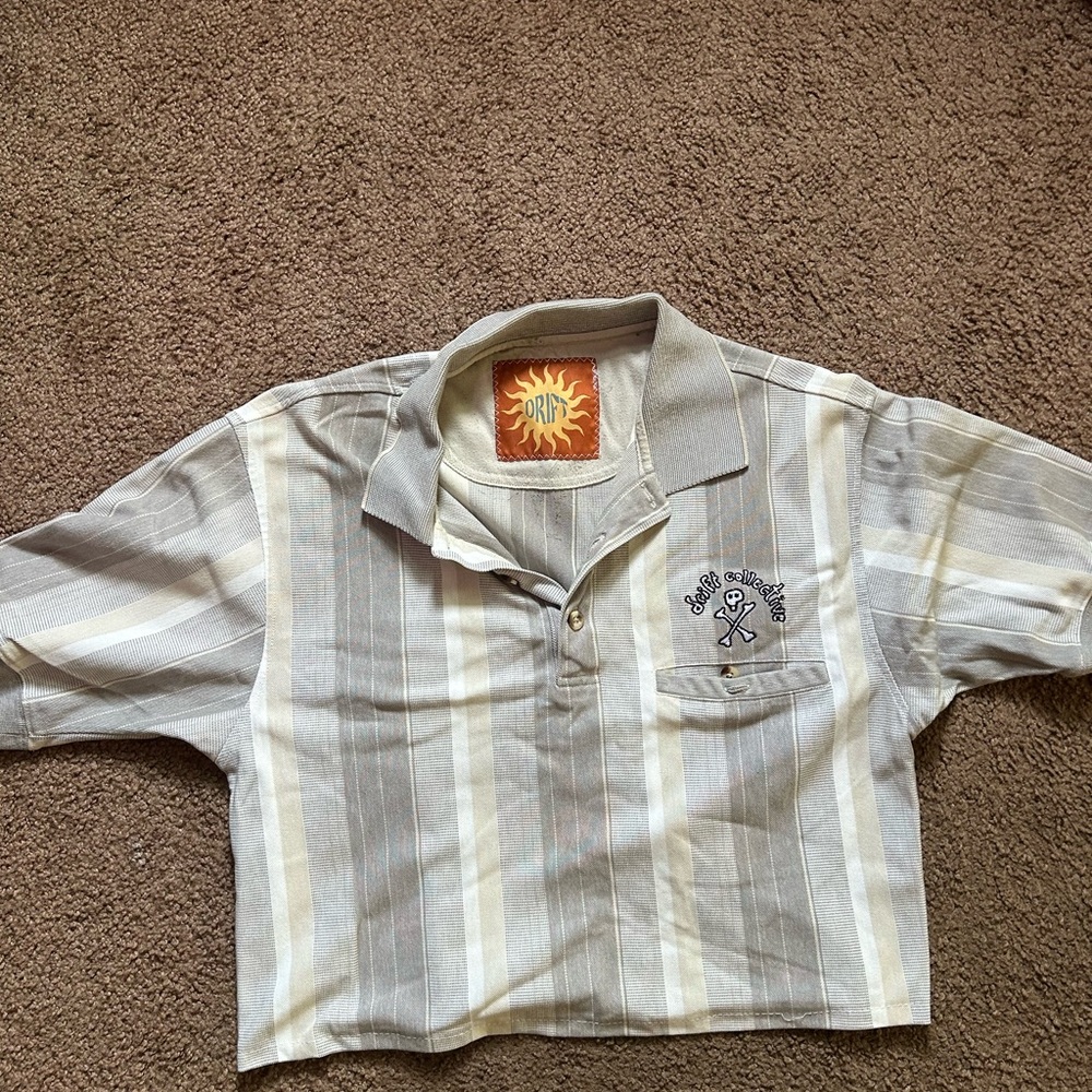 DRIFT COLLECTIVE Upcycled One-of-a-kind Cropped Beachy Gray/Tan Striped Polo